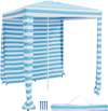 Foldable blue beach canopy measuring 6.6 x 6.6 feet, made of waterproof polyester, ideal for outdoor shade and privacy.