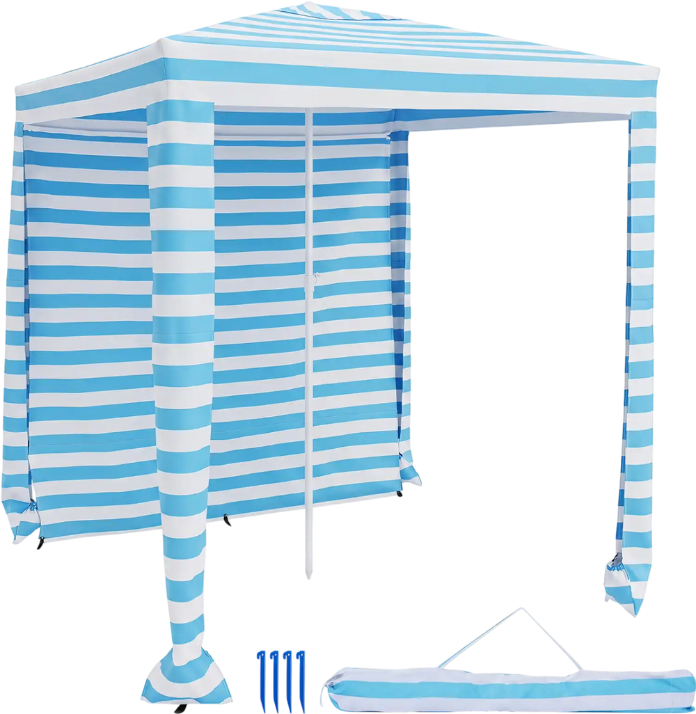 Foldable blue beach canopy measuring 6.6 x 6.6 feet, made of waterproof polyester, ideal for outdoor shade and privacy.