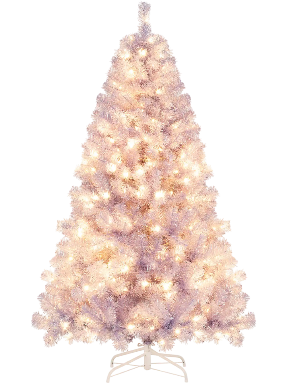 Pre-lit lavender purple tinsel Christmas tree with 550 warm white LED lights, perfect for festive holiday decor.
