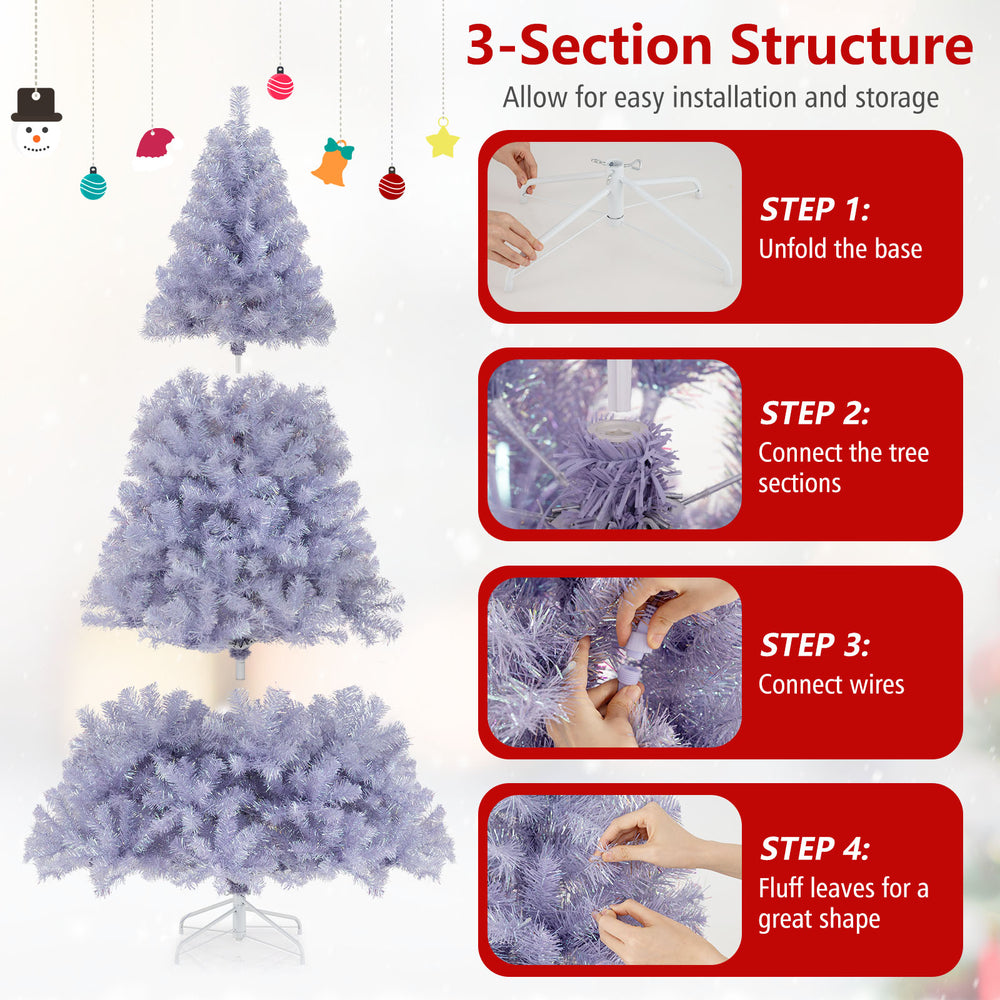 Lavender purple 6/7.5 FT pre-lit tinsel Christmas tree with 688 branch tips, featuring a 3-section structure for easy.