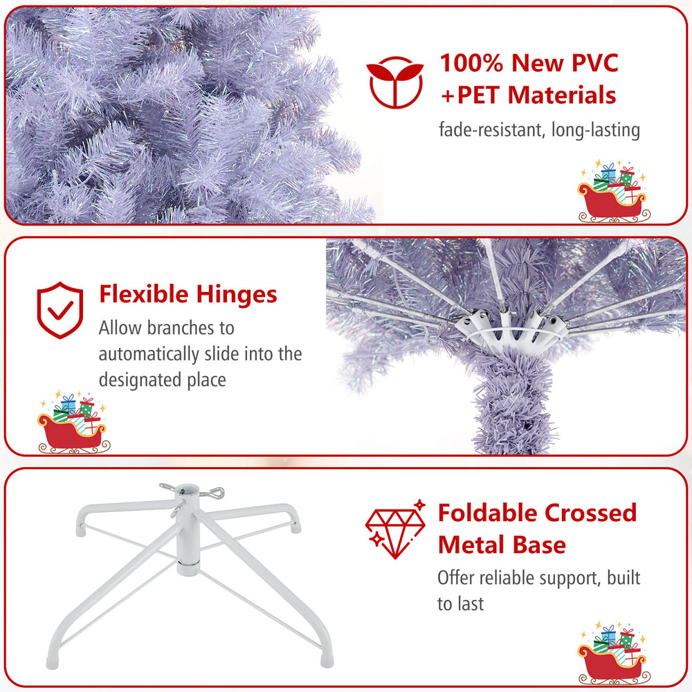 Pre-lit tinsel Christmas tree with deep purple foliage, 688 branch tips, and a sturdy crossed metal base for reliable.