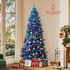 7 FT snowy blue artificial Christmas tree with 767 branch tips and 270 warm white LED lights for festive decoration.