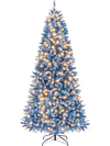 7 FT snowy blue artificial Christmas tree showcasing 767 branch tips and 270 warm white LED lights for enchanting.