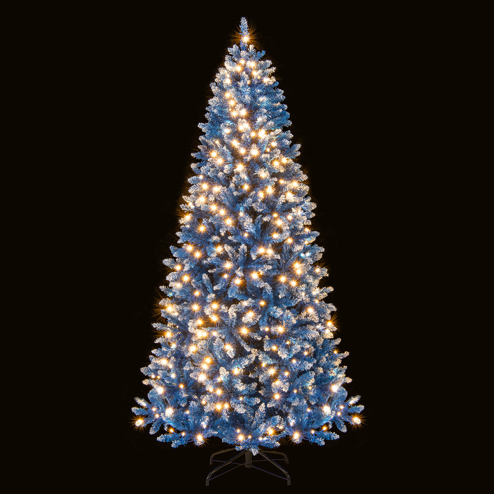 7 FT snowy blue artificial Christmas tree featuring 270 warm white LED lights and a sturdy folding metal stand for.