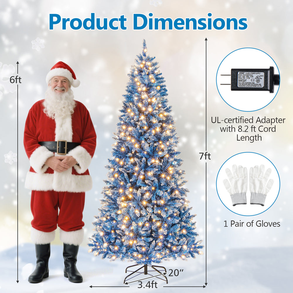 7 FT snowy blue artificial Christmas tree dimensions with 767 branch tips, 270 LED lights, and a foldable metal stand.