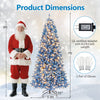 7 FT snowy blue artificial Christmas tree dimensions with 767 branch tips, 270 LED lights, and a foldable metal stand.