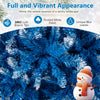 Snowy blue 7 FT artificial Christmas tree with 767 branch tips and warm white LED lights for festive decoration.