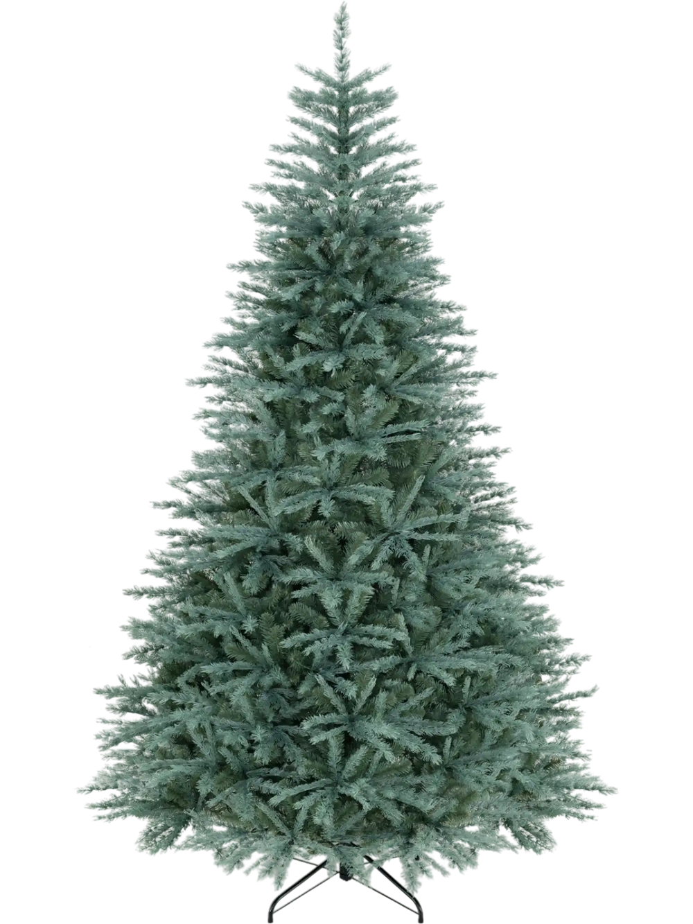 Artificial blue-green Christmas tree with 1765 branch tips, hinged design for easy setup, ideal for festive decor.