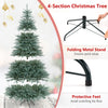 4-section artificial Christmas tree with blue-green leaves, featuring a folding metal stand for easy setup and floor protection.