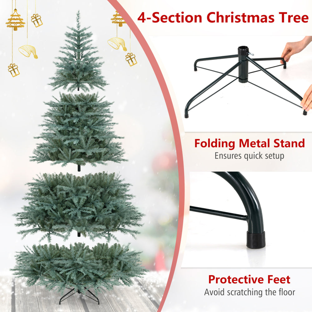 4-section artificial Christmas tree with blue-green leaves, featuring a folding metal stand for easy setup and floor protection.
