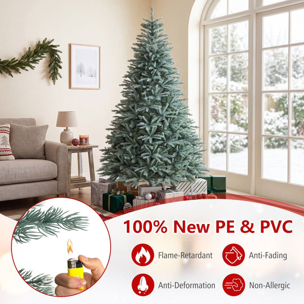 Blue-green 6/7/8 FT artificial Christmas tree with 775/1215/1765 branch tips, flame-retardant PE and PVC materials for festive decor.