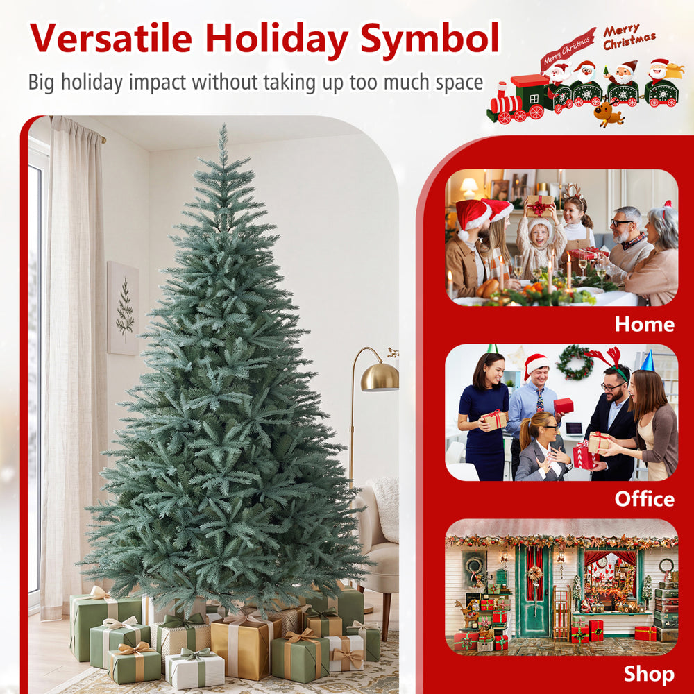 Blue-green 6/7/8 FT artificial Christmas tree with 775-1765 branch tips, perfect for home, office, or restaurant decor.