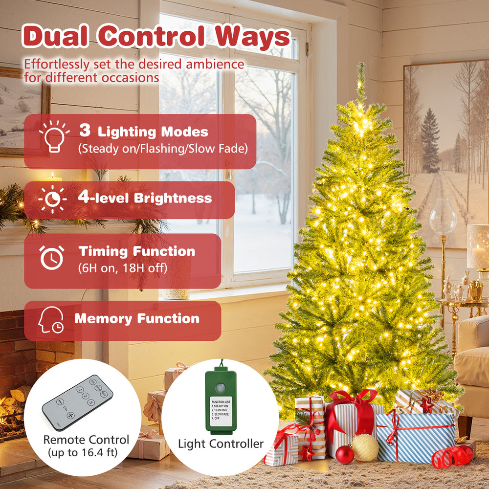 Pre-lit artificial Christmas tree with 700 LED lights, remote control, and 3 lighting modes for festive ambiance.