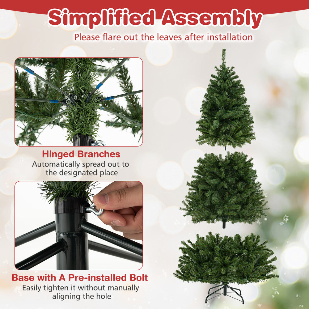 Pre-lit artificial Christmas tree with hinged branches, 700 LED lights, and a sturdy metal base for easy setup.