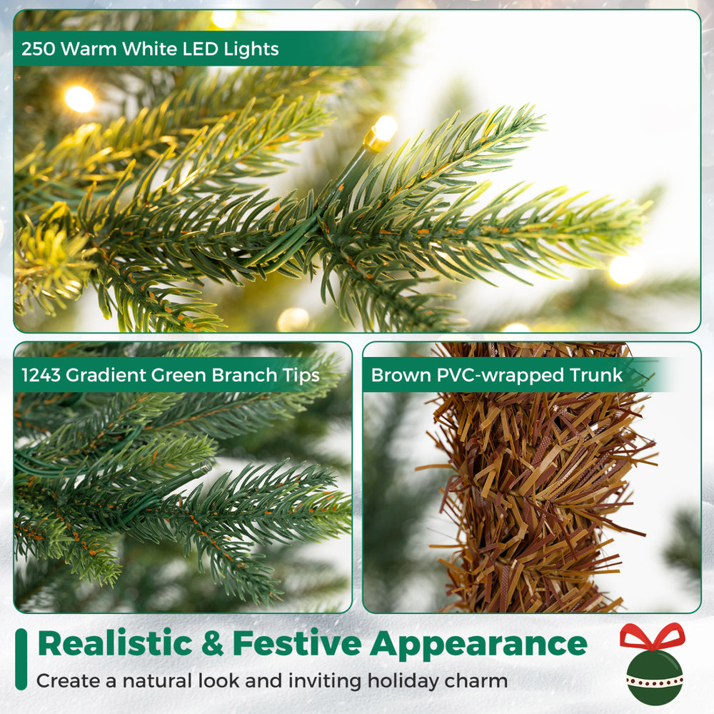 Close-up of the 6 ft pre-lit fir Christmas tree showcasing 250 warm white LED lights and realistic gradient green branch tips.