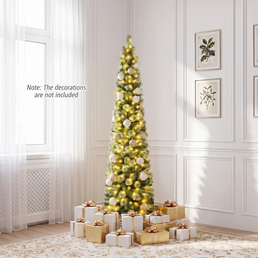 Pre-lit 6/7/8 FT pencil artificial Christmas tree with warm white LED lights, ideal for space-saving holiday decor.