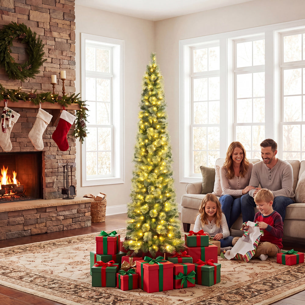 Pre-lit 6/7/8 FT pencil Christmas tree with warm white LED lights, surrounded by gifts in a cozy living room setting.