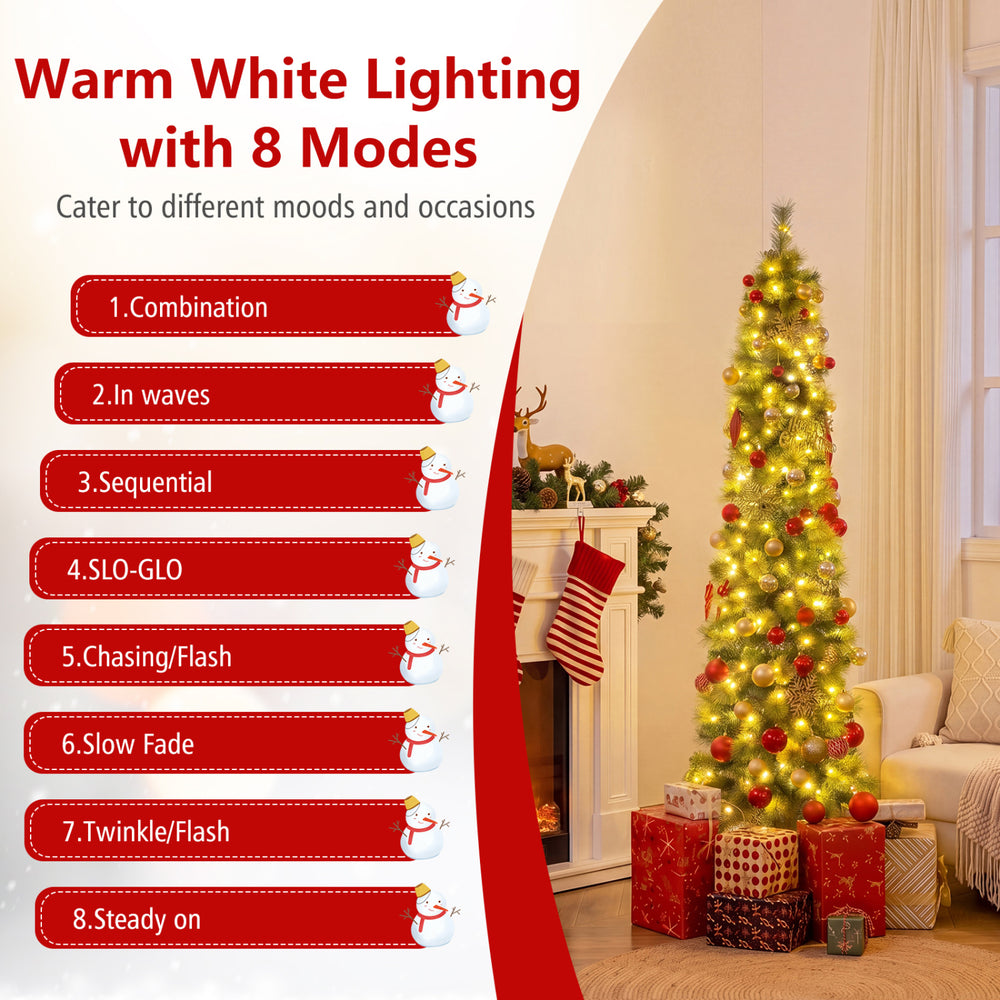 Pre-lit 6/7/8 FT pencil artificial Christmas tree with warm white LED lights and 8 lighting modes for festive ambiance.