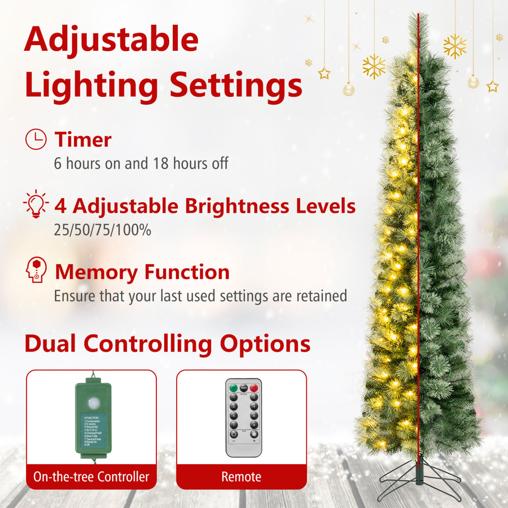 Pre-lit 6/7/8 FT pencil Christmas tree with warm white LED lights, adjustable brightness, and remote control for easy.