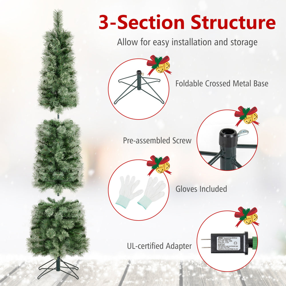 Pre-lit pencil artificial Christmas tree with 120 LED warm white lights, featuring a 3-section structure for easy setup.