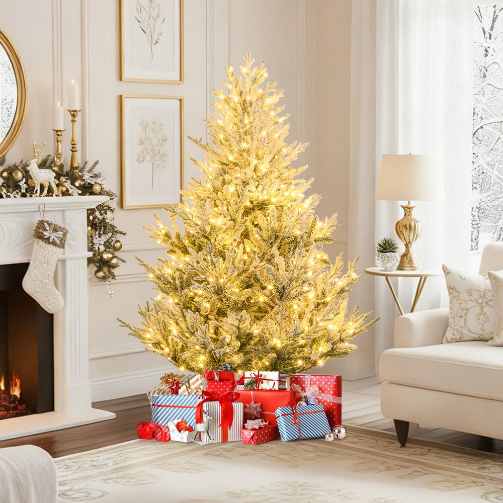 6/7/8 Feet Pre-Lit Artificial Christmas Tree Hinged Snow Flocked Xmas Tree-6 ft - Gallery View 1 of 10