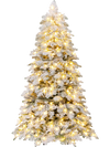 Snow-flocked 6-foot Christmas tree with 260 warm white LED lights, featuring a hinged structure for easy setup.