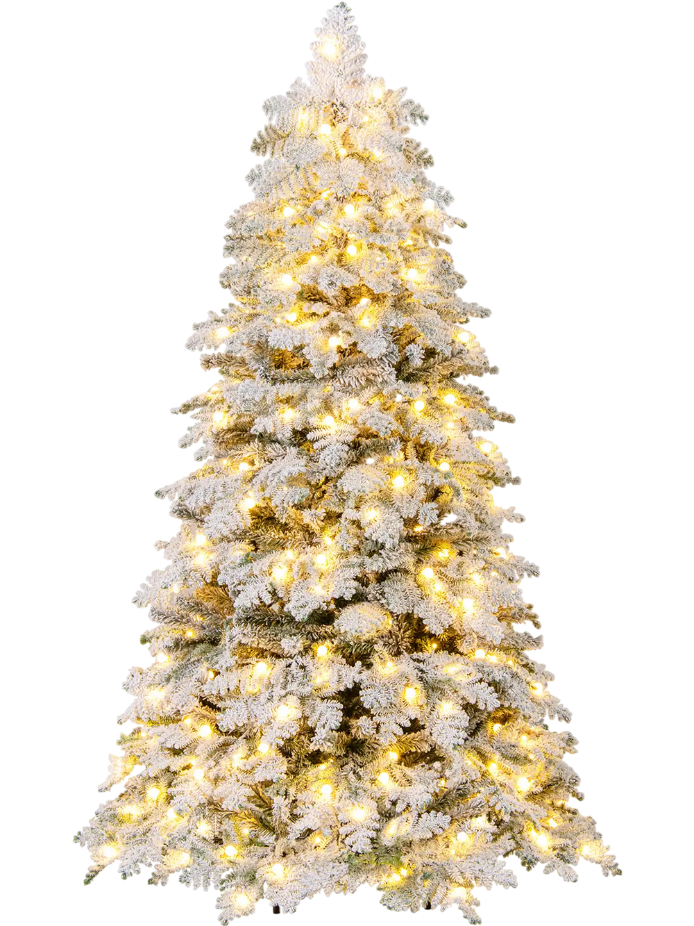 Snow-flocked 6-foot Christmas tree with 260 warm white LED lights, featuring a hinged structure for easy setup.