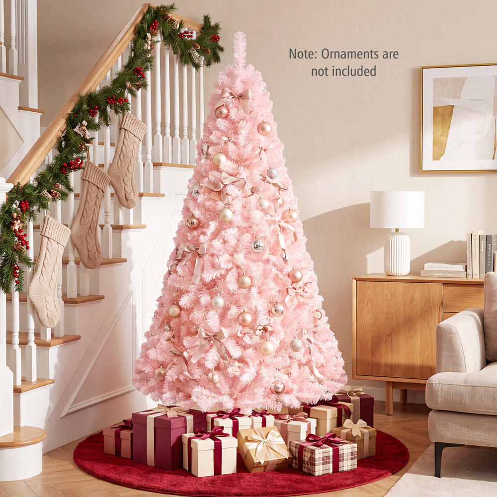 Pink 6ft artificial Christmas tree made of eco-friendly PVC, featuring hinged construction for easy assembly and storage.