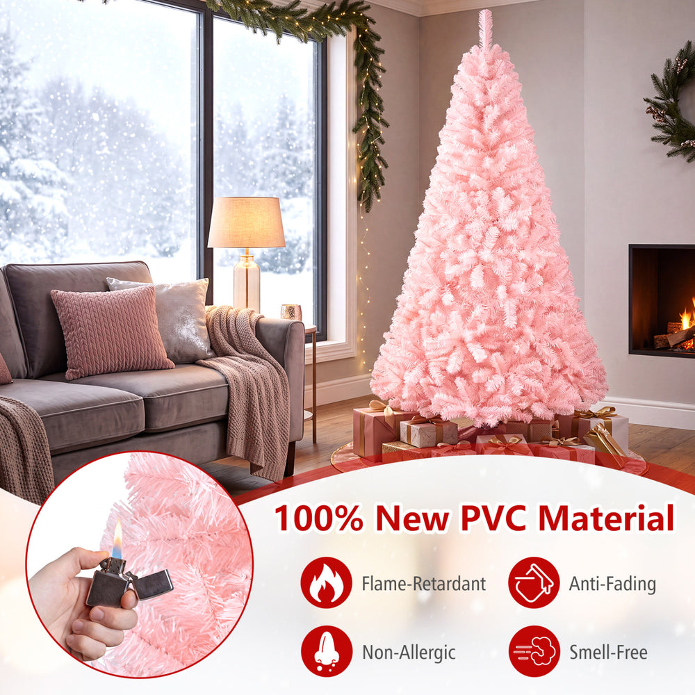 Pink 6ft artificial Christmas tree made of flame-retardant PVC material, perfect for festive home decoration.
