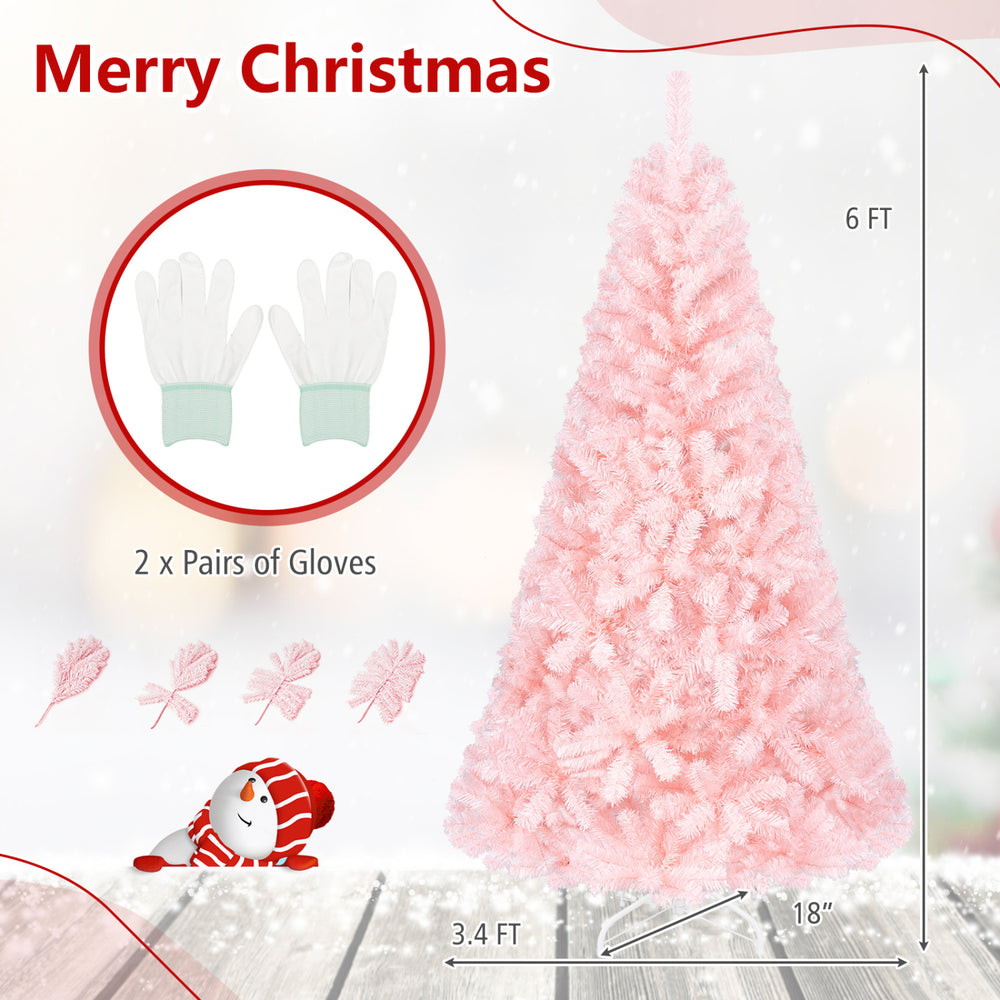Pink 6-foot artificial Christmas tree made of eco-friendly PVC, featuring hinged construction for easy assembly and storage.