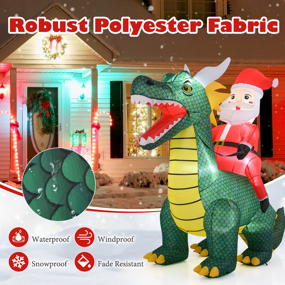 Christmas inflatable featuring Santa Claus riding a dinosaur, made of weather-resistant polyester fabric for outdoor.