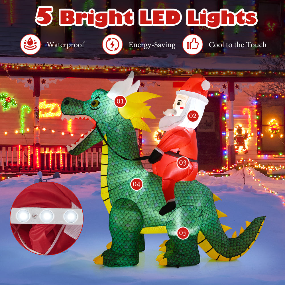 Christmas inflatable featuring Santa Claus riding a dinosaur, 6.7 feet tall, with 5 bright LED lights for outdoor.