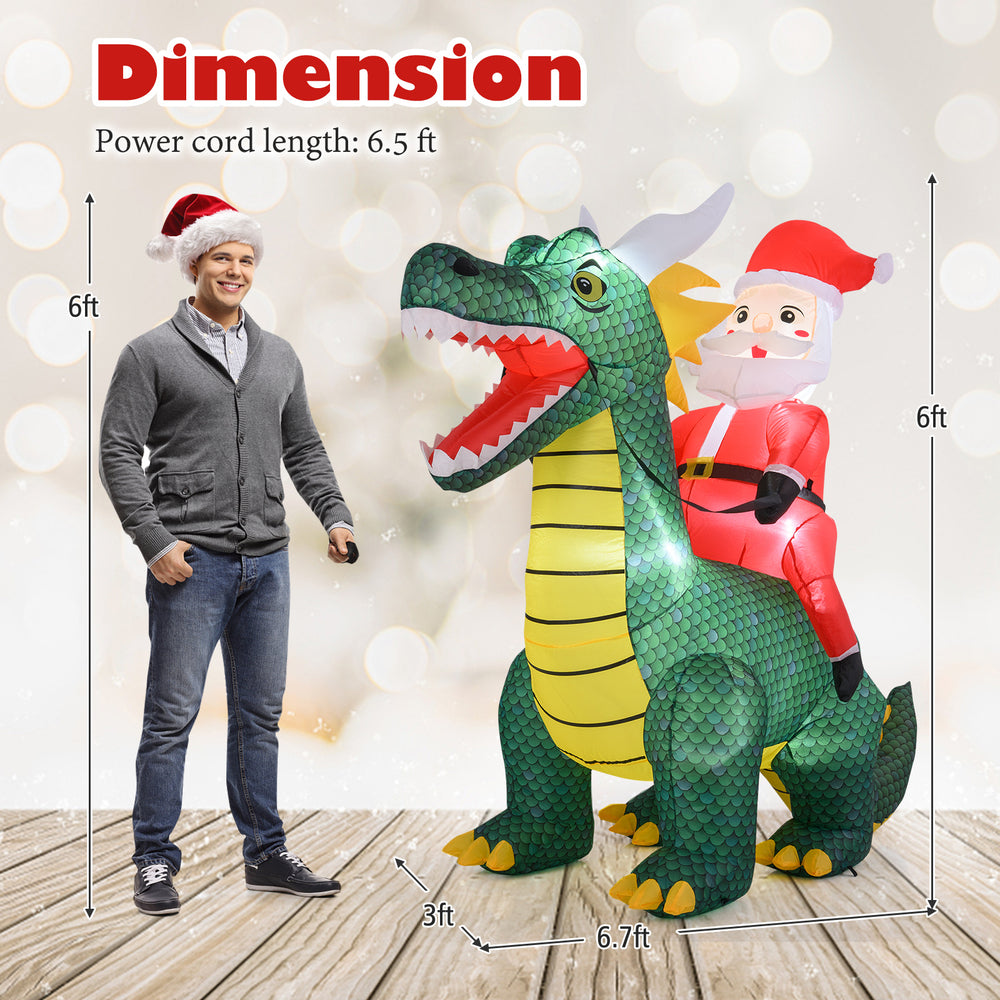 Christmas inflatable featuring Santa Claus riding a dinosaur, 6.7 feet tall, made of weather-resistant polyester.