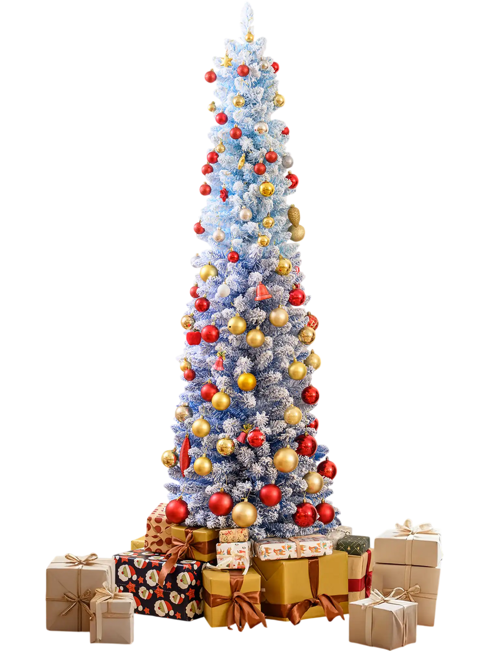 Snow-flocked 6-foot artificial Christmas tree with warm white LED lights, perfect for festive home decor.