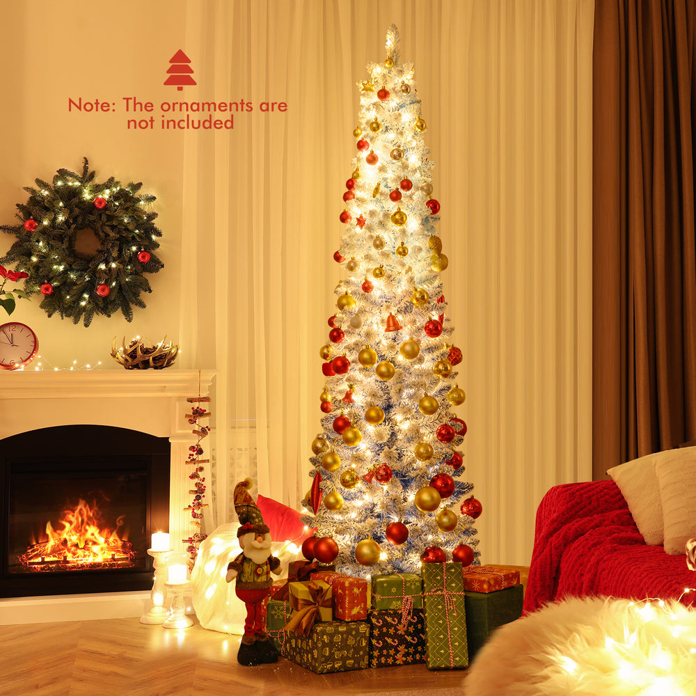 Snow-flocked 6-foot artificial Christmas tree with warm white LED lights, perfect for festive home decoration.