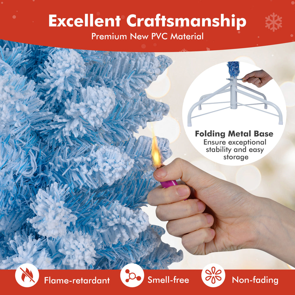 Snow-flocked 6-foot artificial Christmas tree with warm white LED lights and a folding metal base for easy storage.