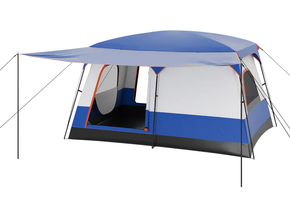 Spacious 6-8 person camping tent in navy with double rooms, mesh doors, and a porch for outdoor relaxation.