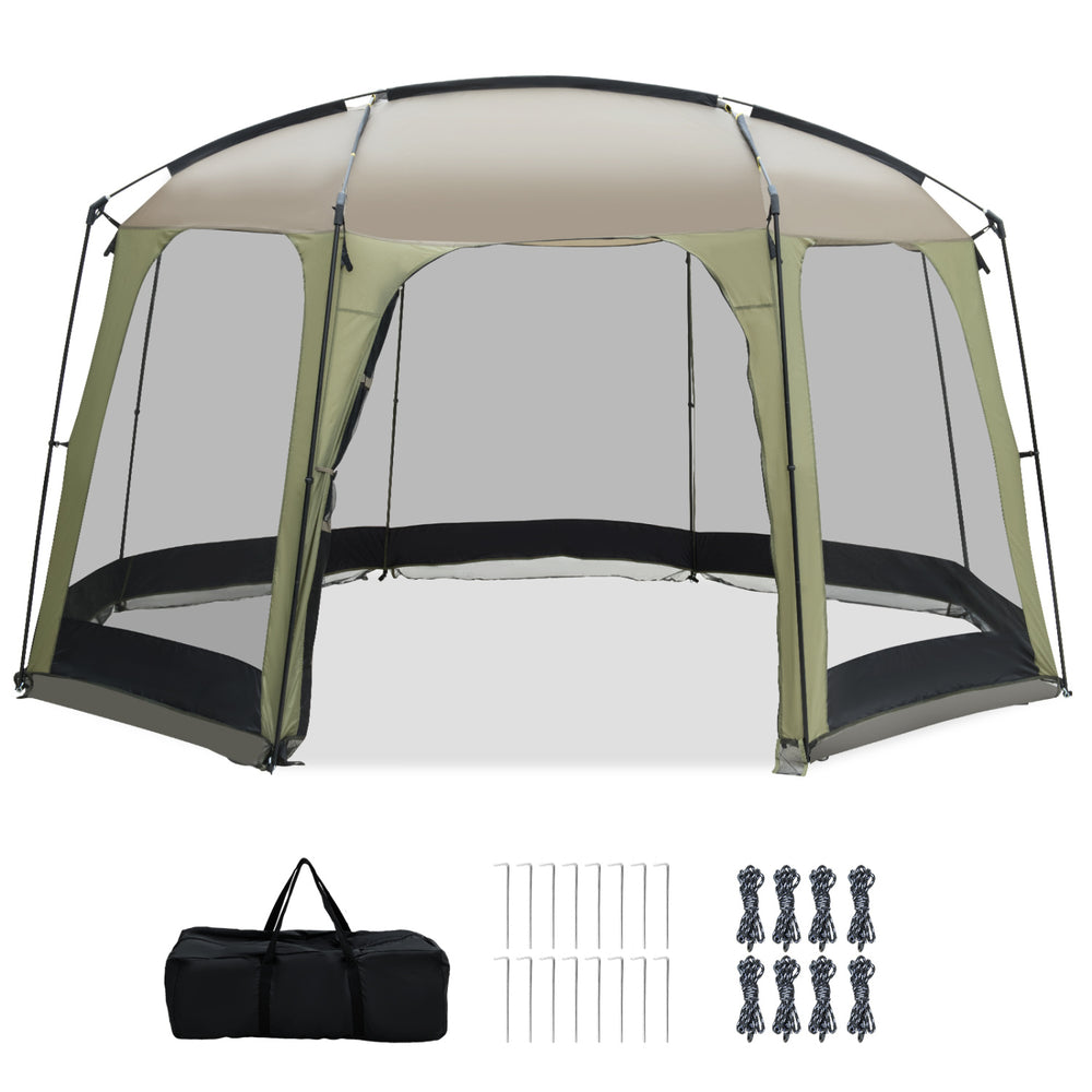 Spacious 6-8 person netted canopy tent with zippered door, featuring robust metal poles and sun protection for outdoor.