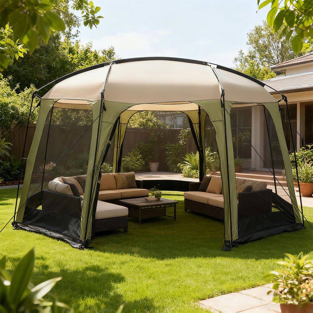 8-sided netted canopy tent with zippered door, featuring flexible fiberglass poles and wind ropes for stability in.