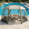 Spacious 6-8 person netted canopy tent with zippered door, ideal for outdoor gatherings by the pool.