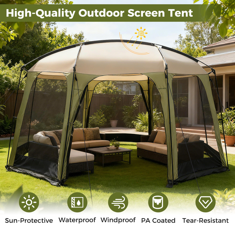 Spacious 6-8 person netted canopy tent with zippered door, featuring sun protection and sturdy metal poles for outdoor.