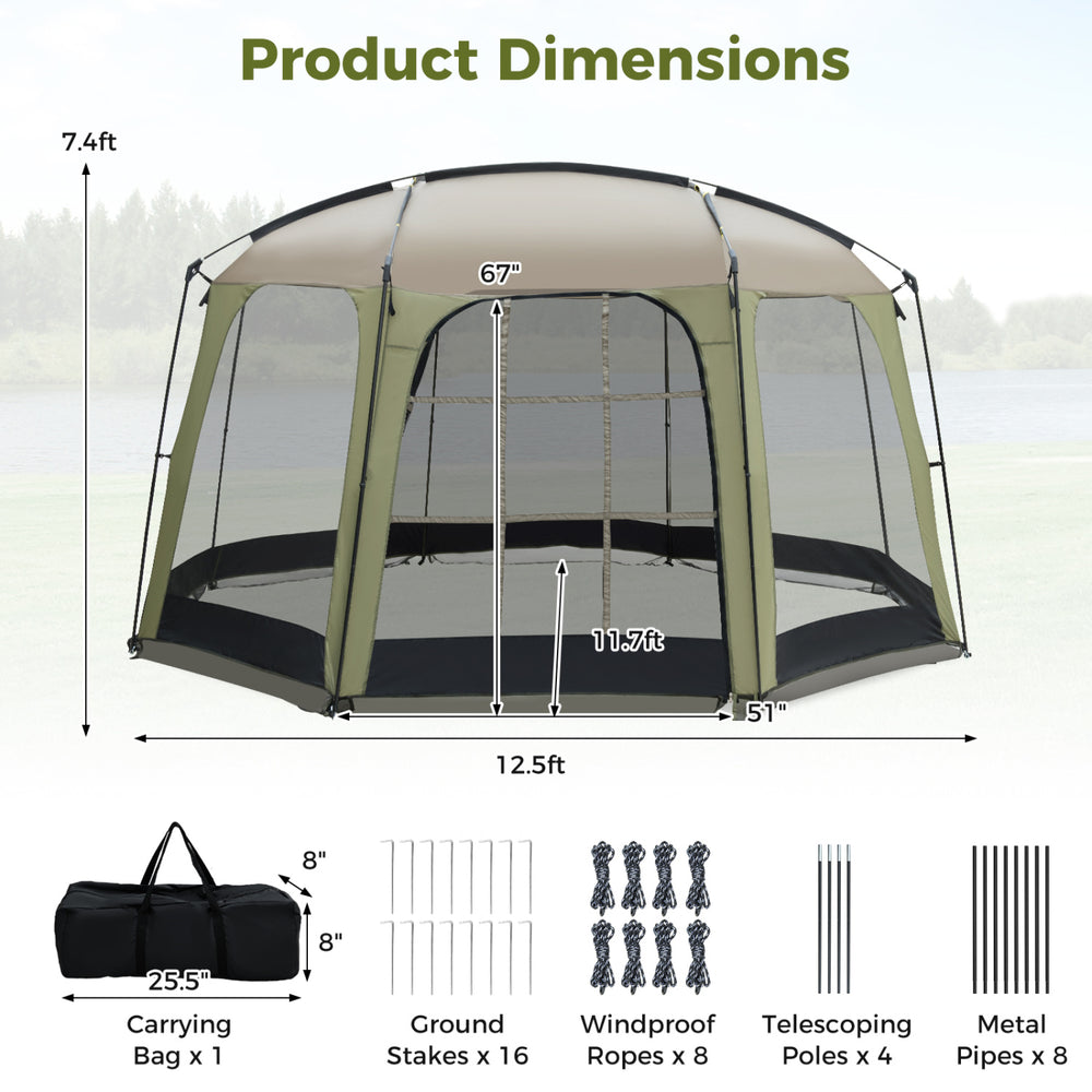 6-8 person netted canopy tent with zippered door, featuring spacious interior and robust metal poles for outdoor.