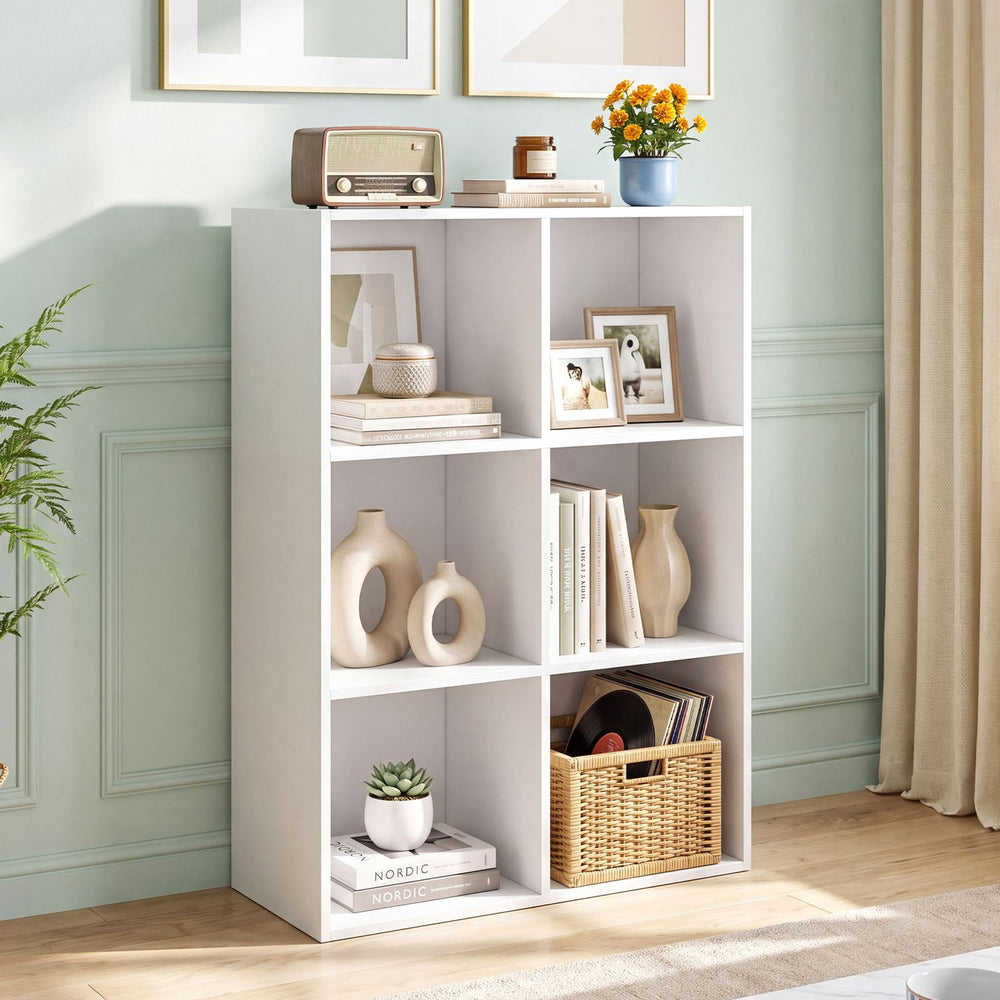 White 3-cube bookshelf with open storage for books and decor, featuring tool-free assembly for easy setup in any room.