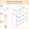 Slide-to-lock mounting instructions for the tool-free assembly of a white 3/4/6/9-cube book shelf.
