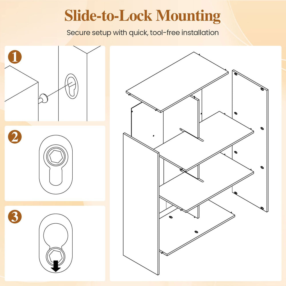 Slide-to-lock mounting instructions for the tool-free assembly of a white 3/4/6/9-cube book shelf.