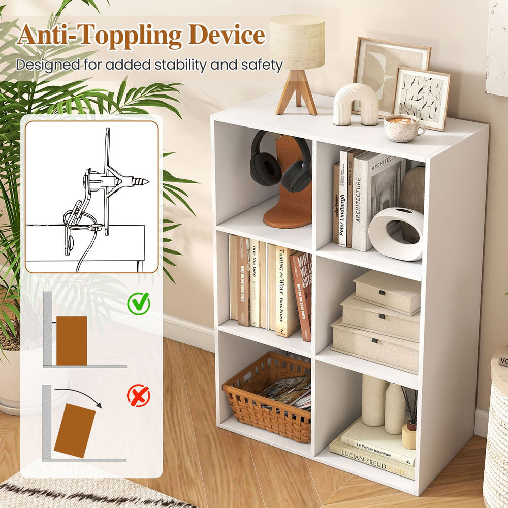 White 3/4/6/9-cube book shelf with anti-tipping device, perfect for organizing books and decor in any room.