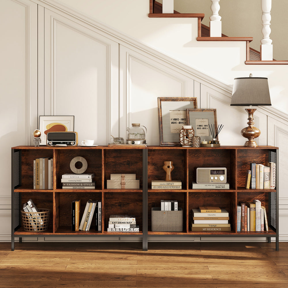 Rustic brown 6 cube bookcase with accent cubby shelf, styled in a home setting, perfect for storage and decor.