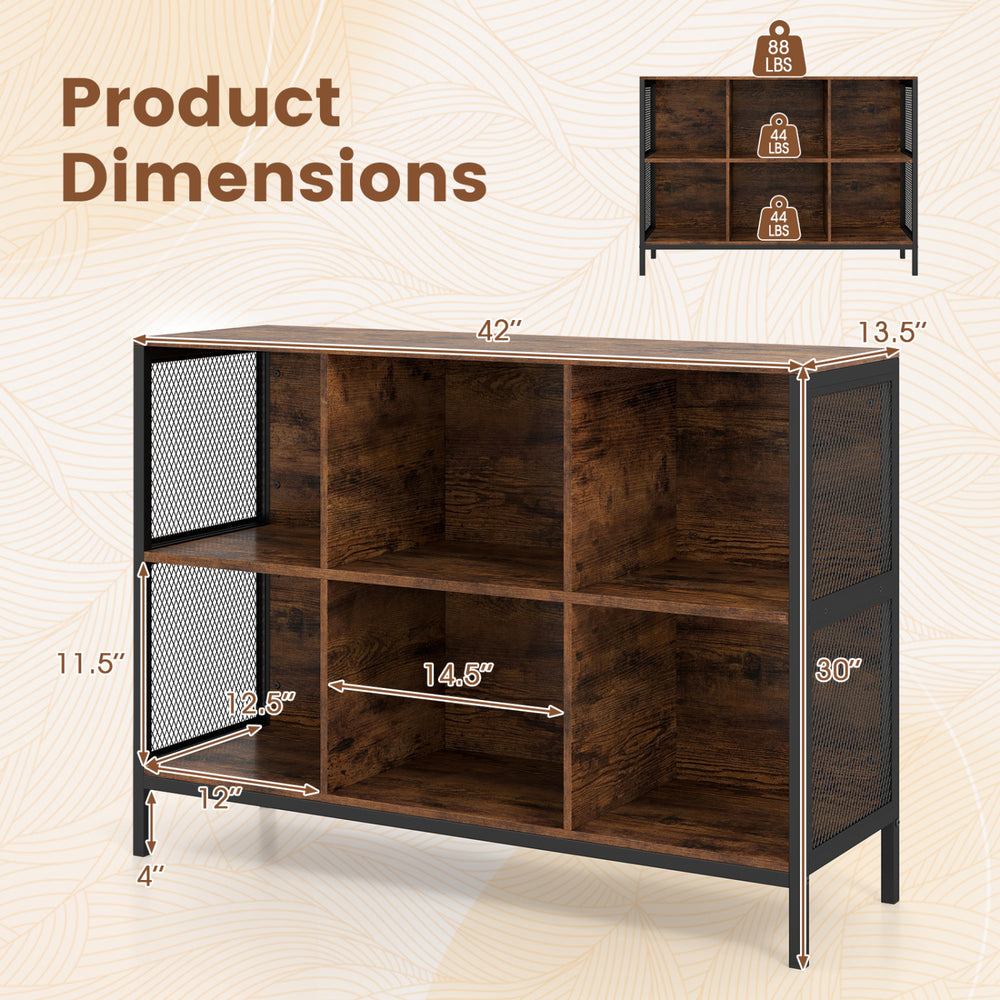 6 Cube Bookcase with rustic brown finish, featuring 42" width and dimensions for accent cubby shelf.