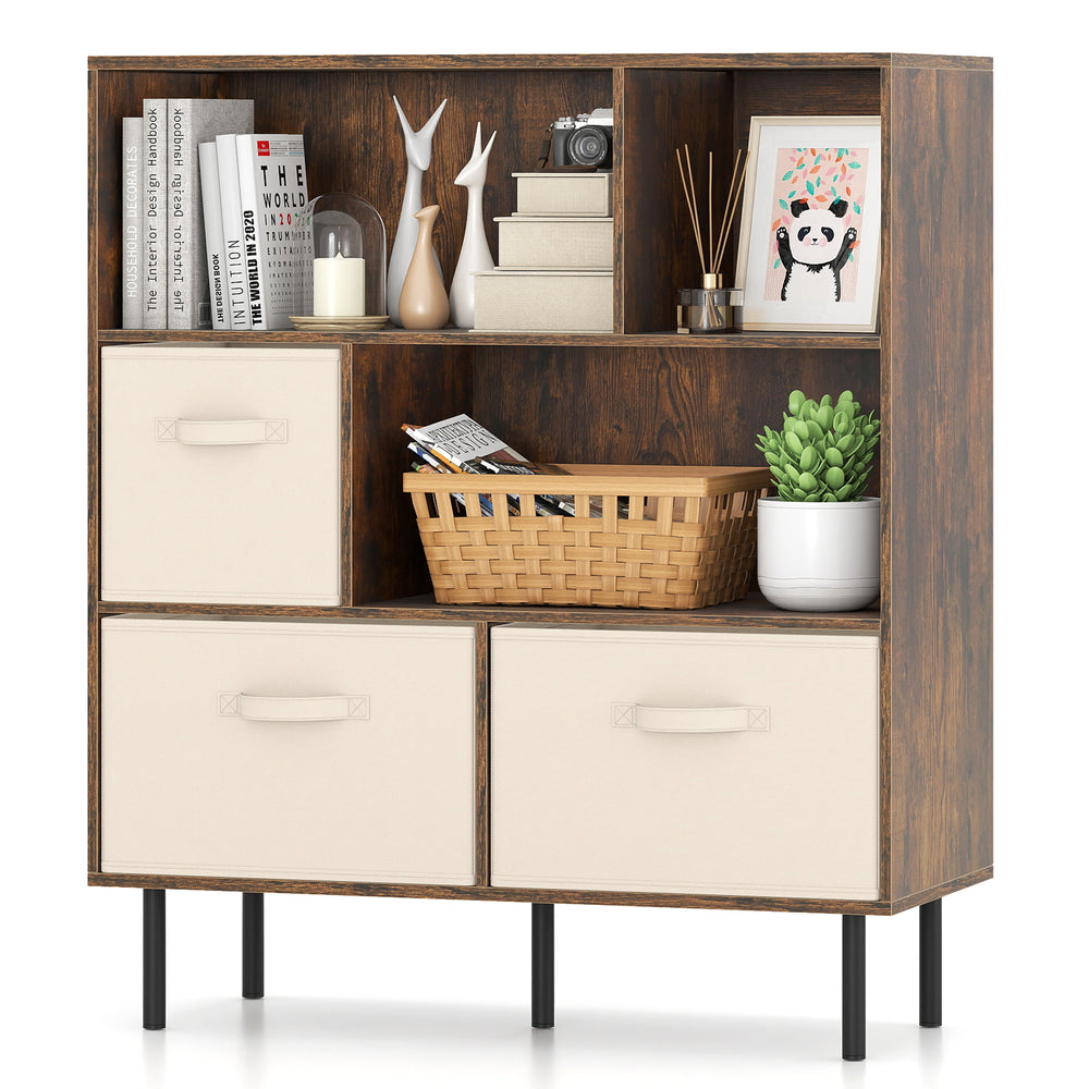 6-cube bookshelf in rustic brown with 3 removable fabric drawers, perfect for living room organization and stability.