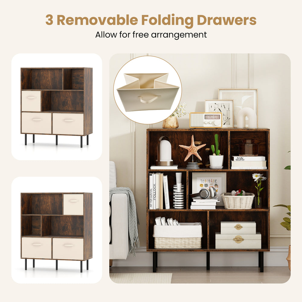 6-cube bookshelf in rustic brown with 3 removable folding fabric drawers, ideal for living room organization.